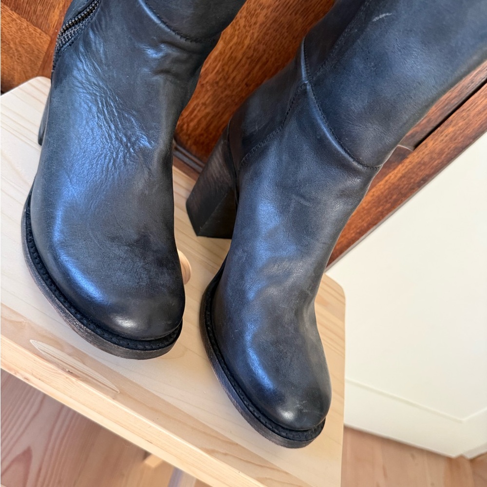 Freebird by Steven Black Leather Knee Boots with Stacked Heel - Picture 4 of 6